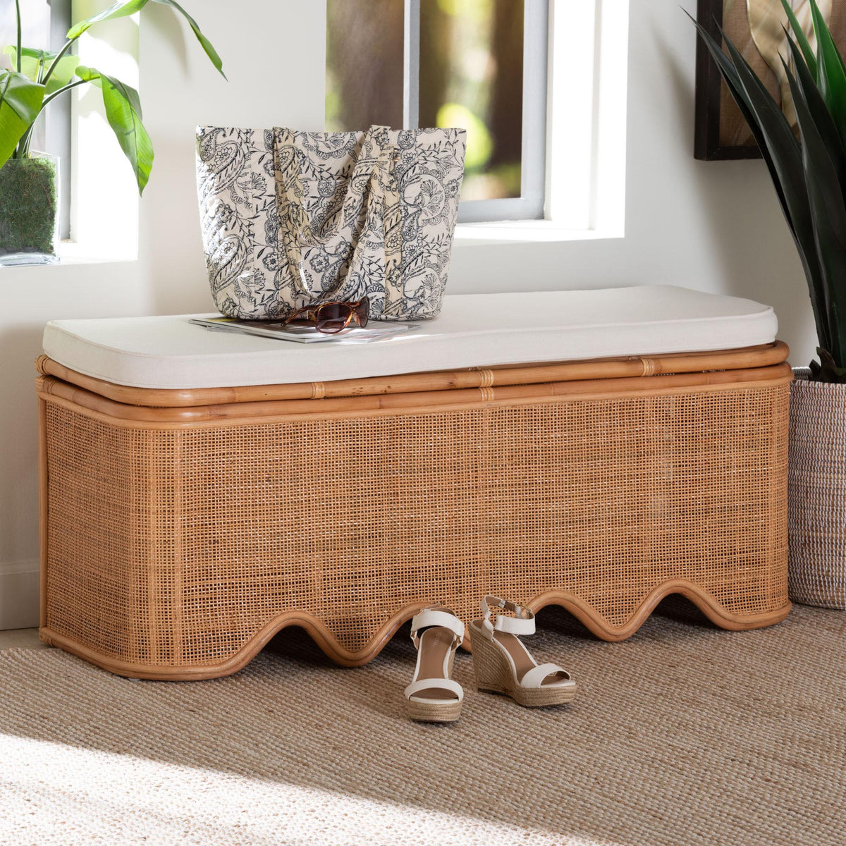 Rivka Natural Rattan Storage Bench with Scalloped Base and Cushion
