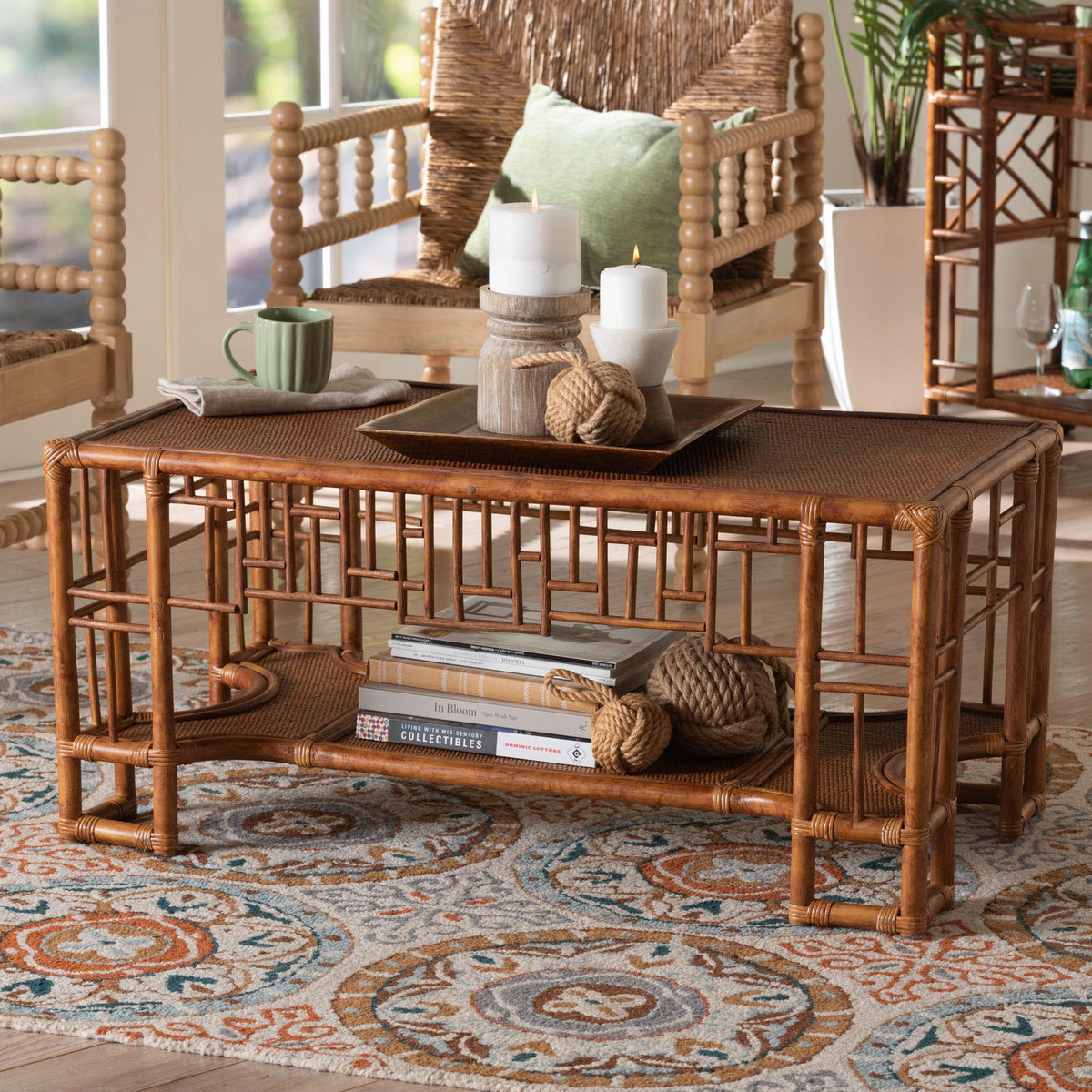 Tahlia Marbled Tortoise Rattan Coffee Table with Open Shelf