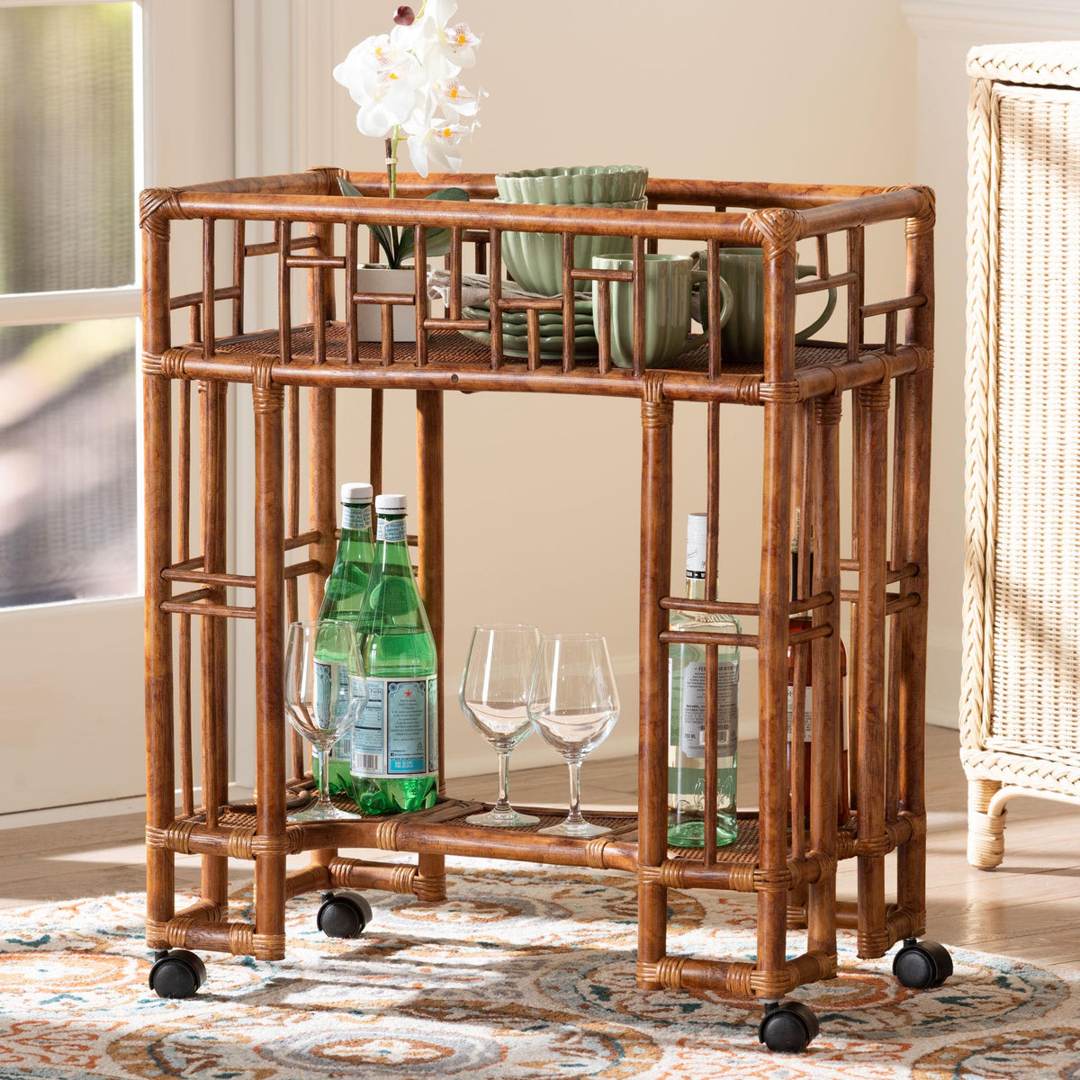 Tahlia Marbled Tortoise Rattan Kitchen Cart with Open Shelf