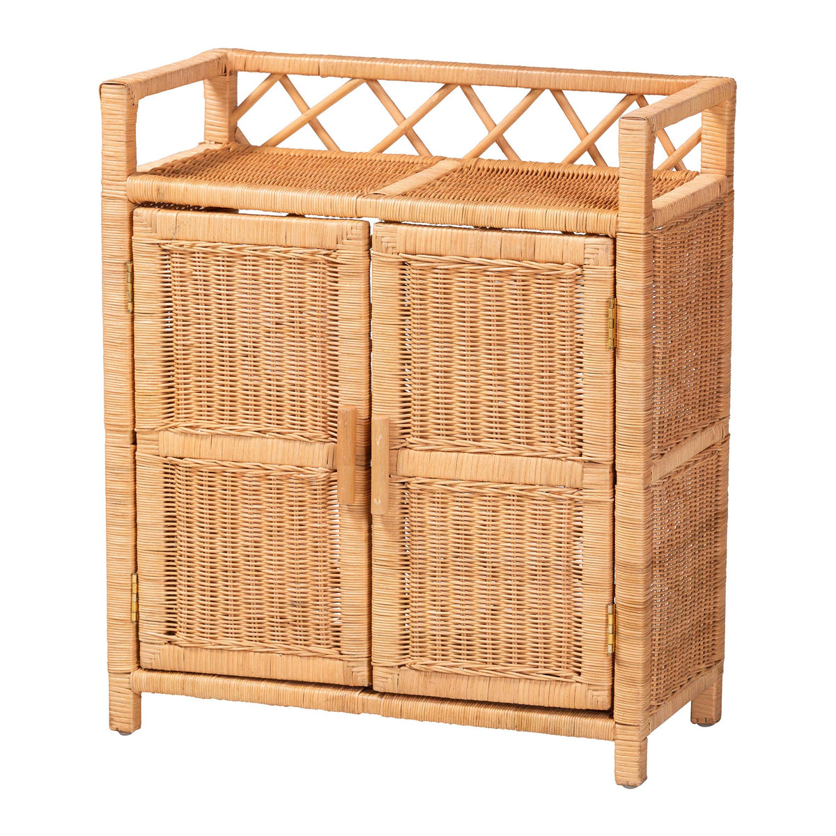 Hendrina Natural Rattan and Mahogany Wood Shoe Cabinet, 3-Tier