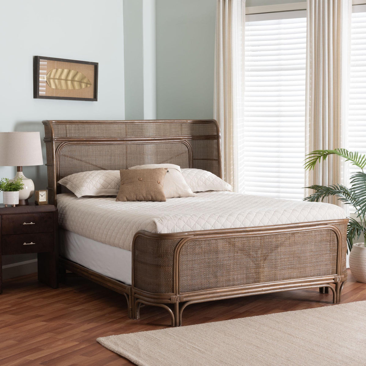Fiore Natural Rattan Bed Frame, Queen, Mocha Brown