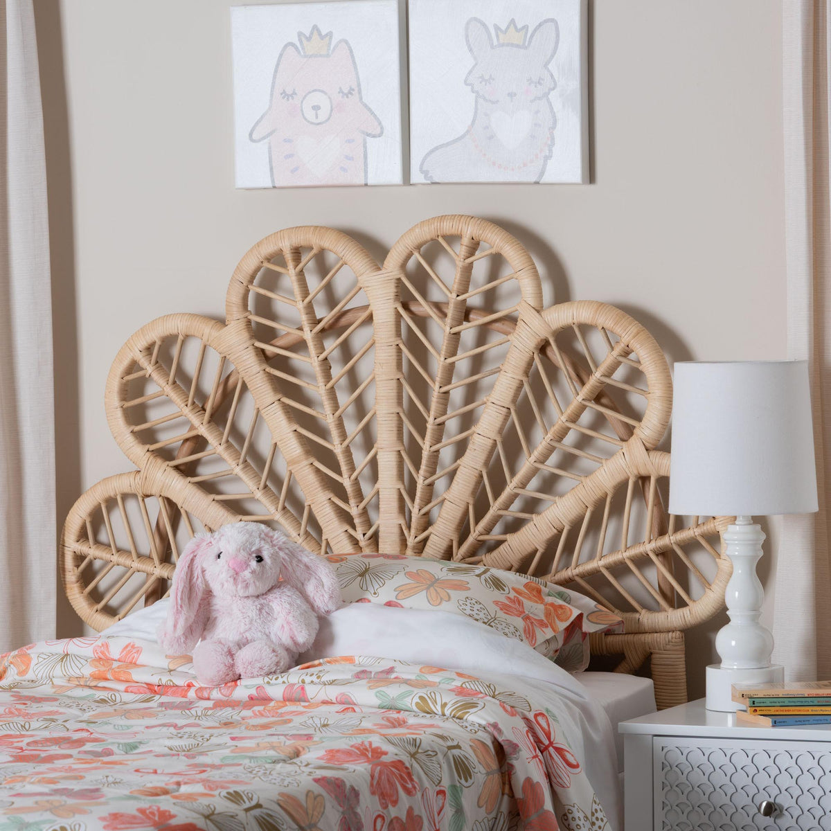 Lolita Natural Rattan Freestanding Headboard with Leaf Motif, Twin