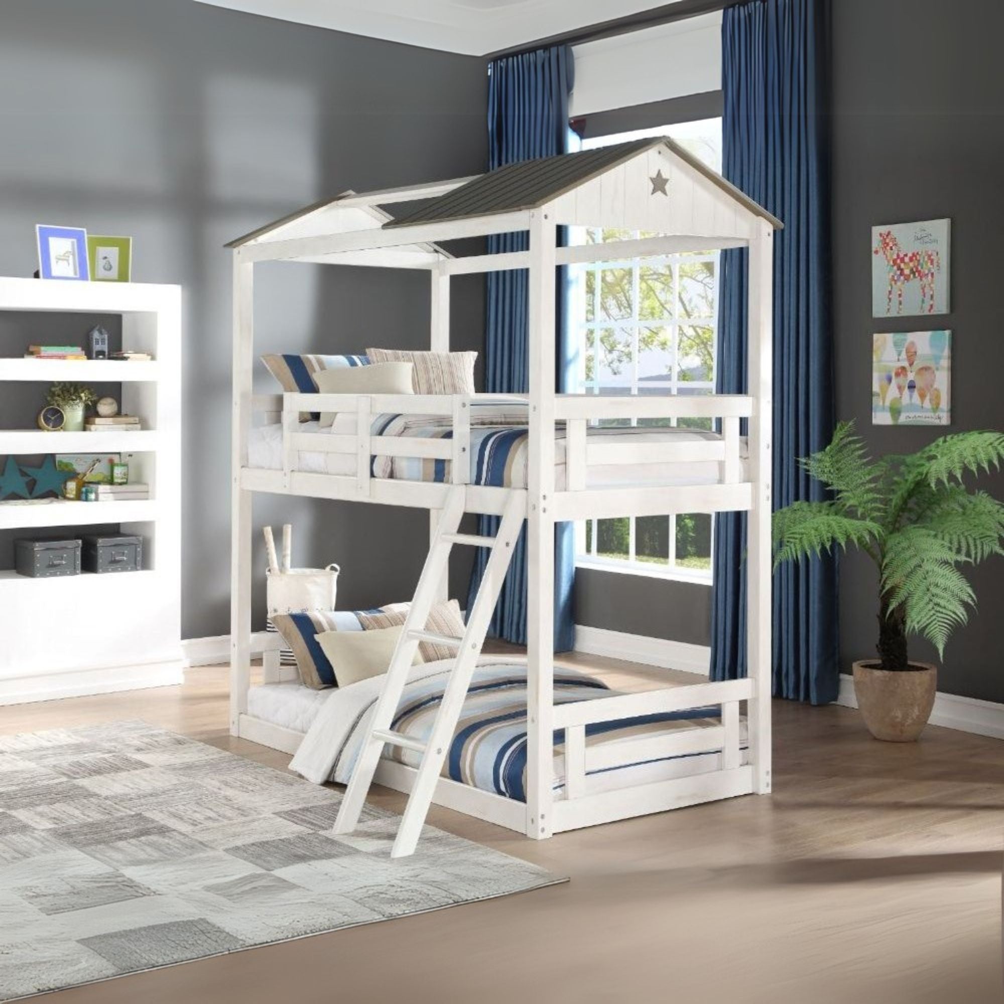 Yash Nadine White Wood Twin Bunk Bed Cottage Inspired with Safety Ladder