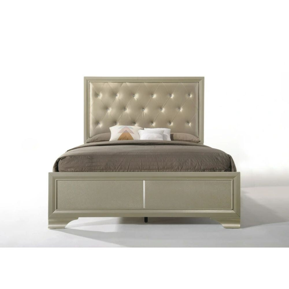 Tuley Carine Collection Queen Bed Champagne Faux Leather – Elegant Tufted Upholstered Design