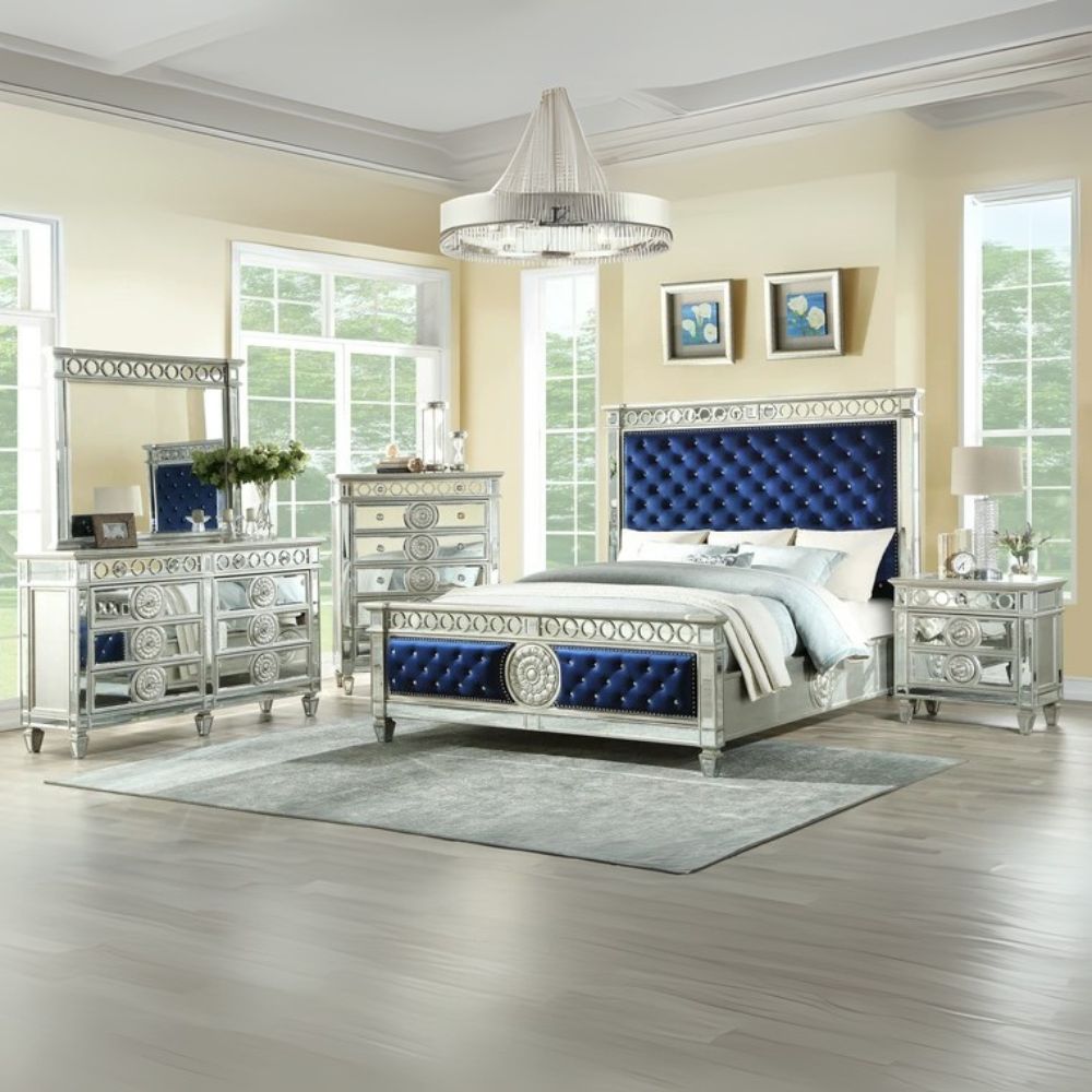 Jammu Varian Collection Eastern King Bed Blue Velvet – Modern Glam with Mirror Trim