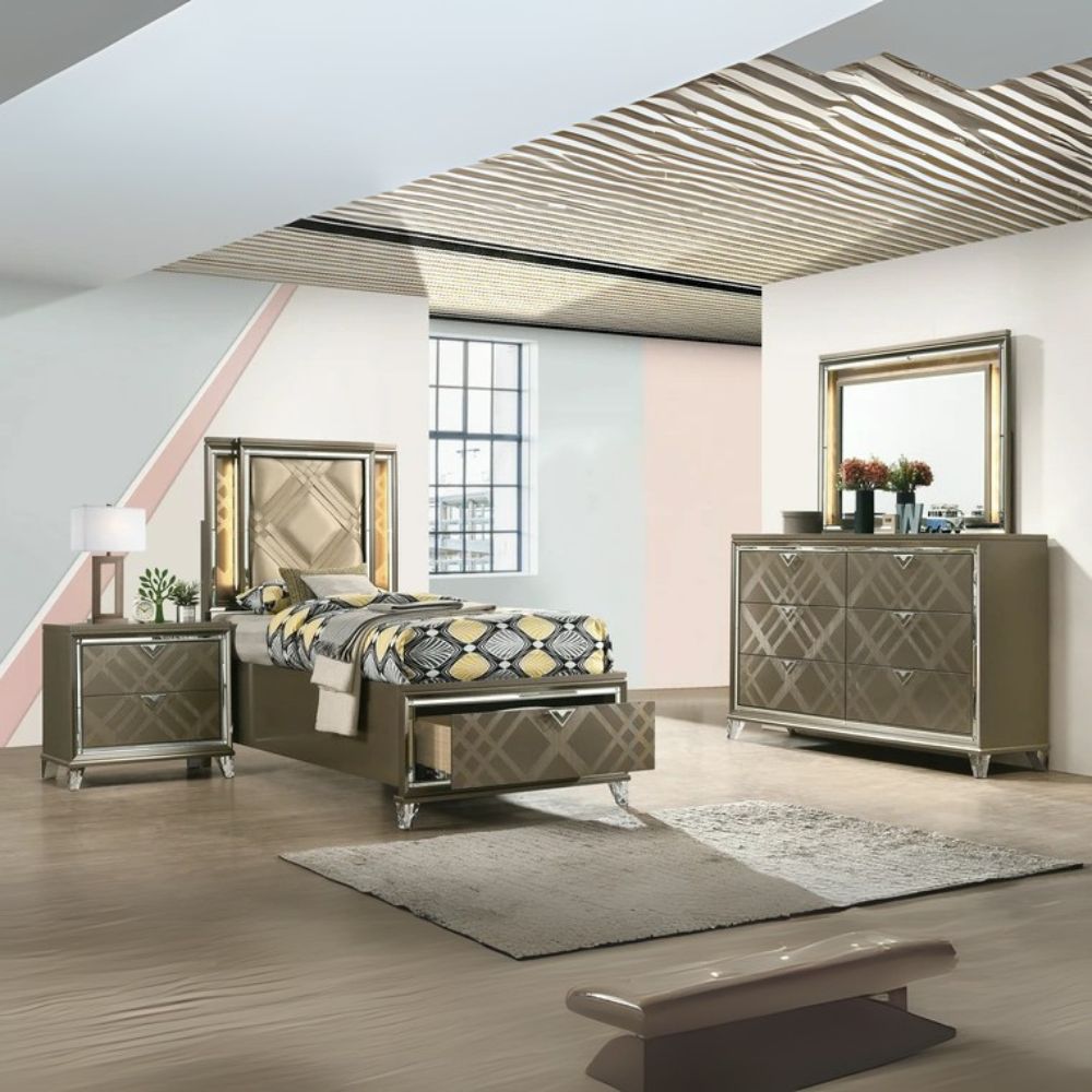 Mohit Skylar Twin Dark Champagne Synthetic Leather Bed – Modern LED Panel with Storage