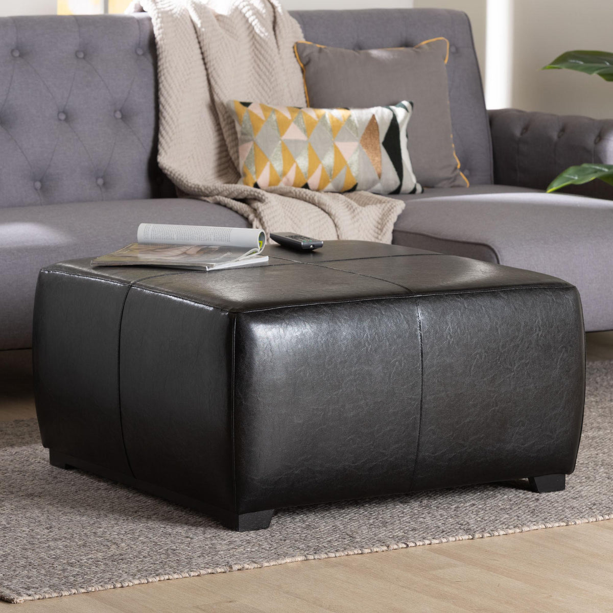 Black Faux Leather Square Ottoman Footstool
