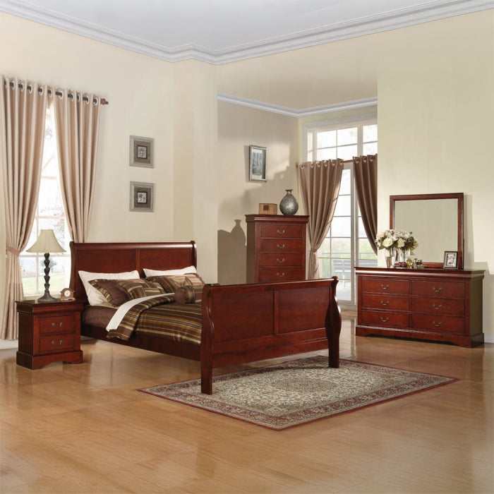 Raymond Louis Philippe III King Bed Cherry Finish – Wood Sleigh Bed with Curved Panels