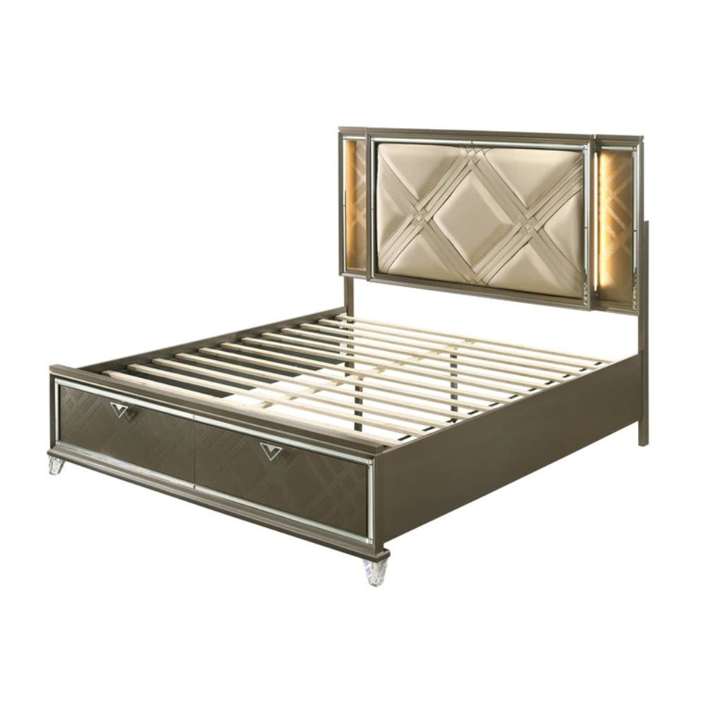Dixit Skylar King Size Bed – Dark Champagne Leather, LED, Storage Drawers