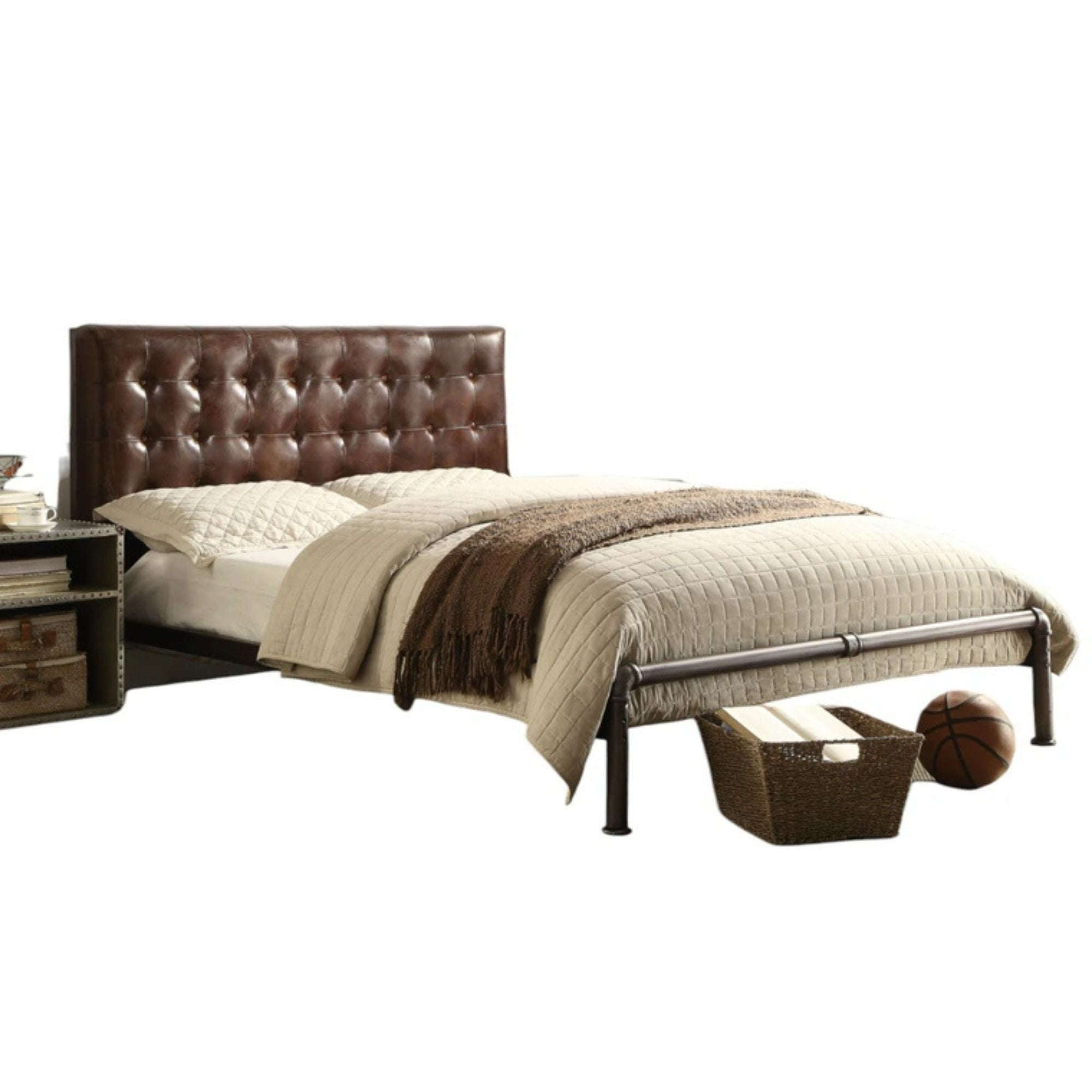 Piper Brancaster Queen Top Grain Leather Bed – Vintage Industrial Design with Rivet Detailing
