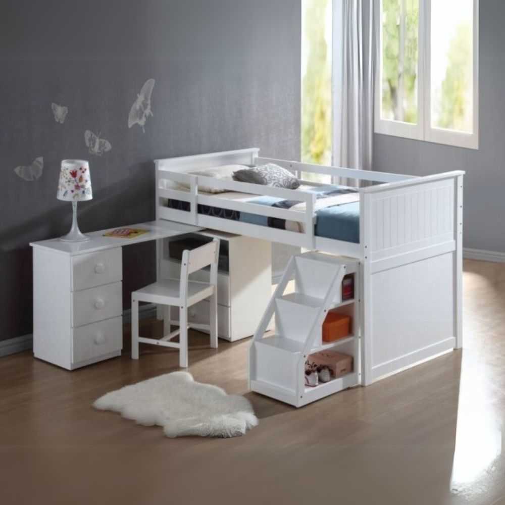 Baba Wyatt Twin Gray Wood Loft Bed Set – Space-Saving Design with Desk & Storage