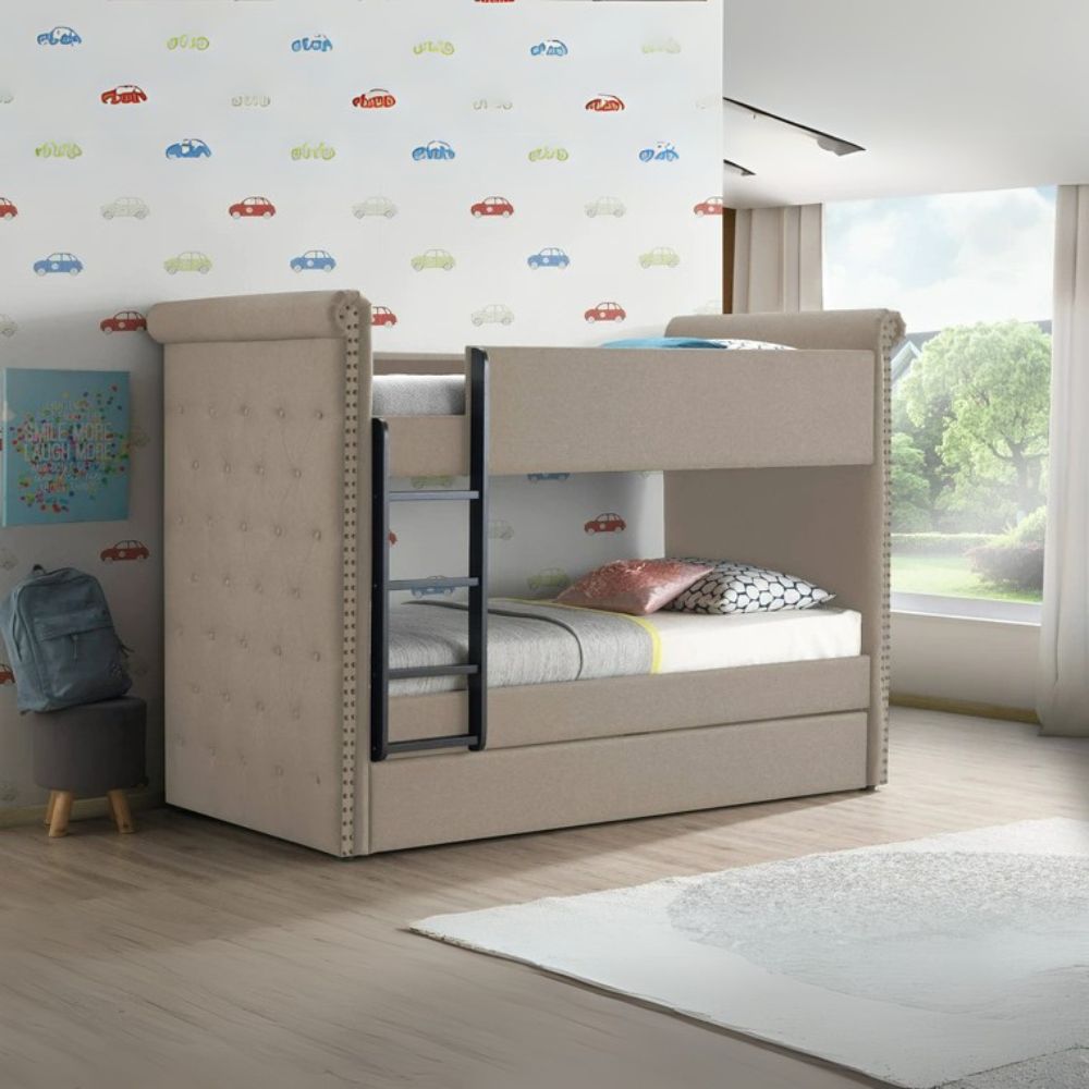 Madhav Romana II Twin/Twin Gray Fabric Bunk Bed – Modern Style with Ladder & Safety Rails