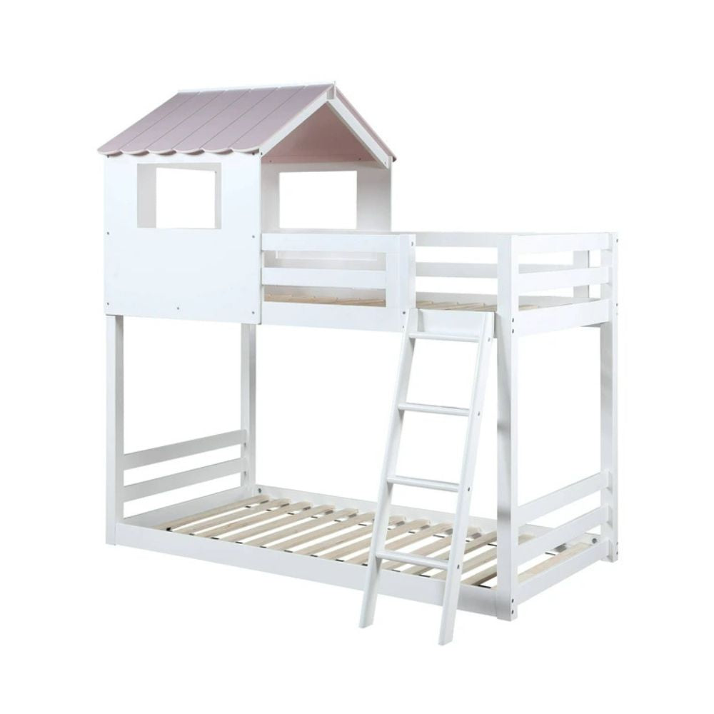 Fable Solenne Collection Twin White & Pink Wooden Bunk Bed – Traditional Twin Sleeper with Safety Features