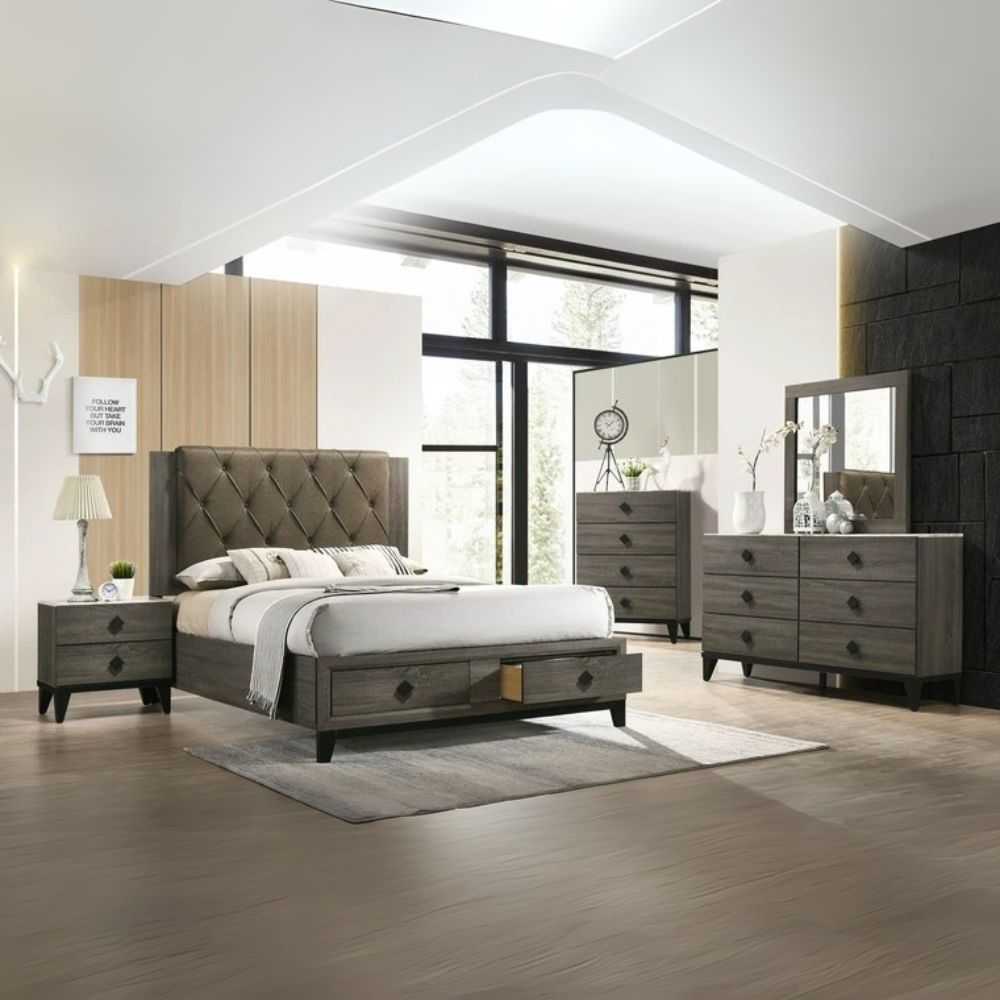 Kaden Avantika Collection Eastern King Bed Rustic Gray Oak – Fabric Upholstered Storage Frame