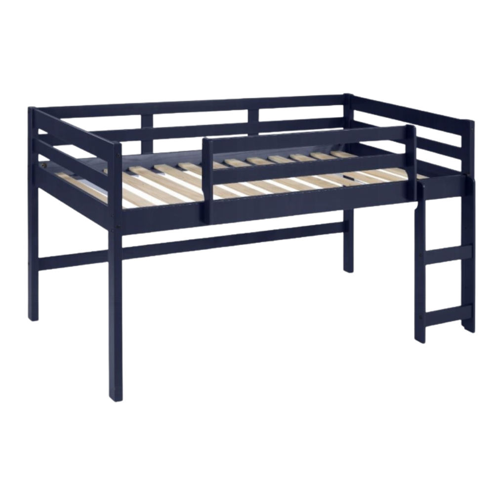 Aaron Lara Twin Size Navy Blue Loft Bed Wooden Frame with Safety Rails & Ladder