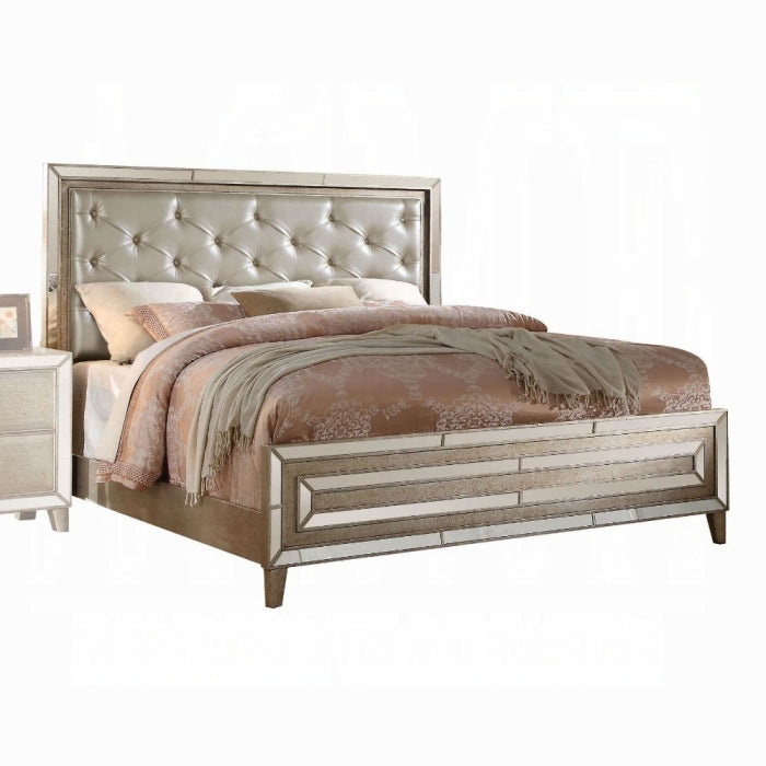 Voeville II Eastern King Platinum Panel Bed – Modern Luxury Mirror Trim Bedroom Furniture