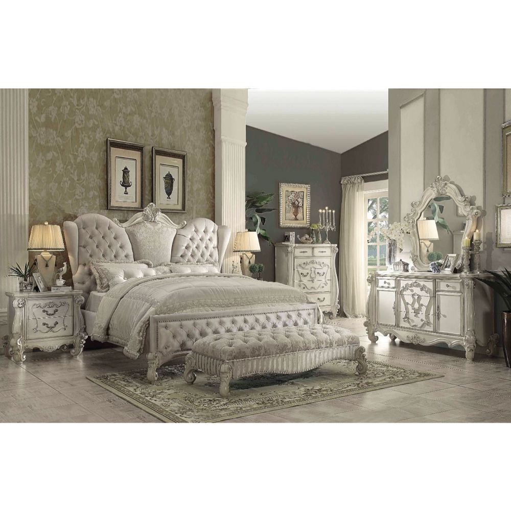Marin Versailles Collection Eastern King Bed in Antique White – Ornate Wood Frame & Upholstered Headboard