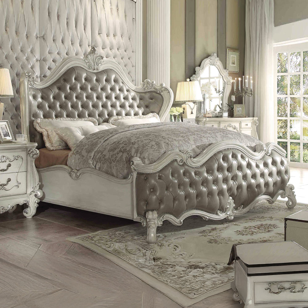 Arjun Versailles California King Brown Wood Bed – Traditional Carved Upholstered Headboard