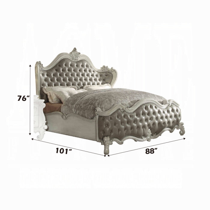 Arjun Versailles California King Brown Wood Bed – Traditional Carved Upholstered Headboard