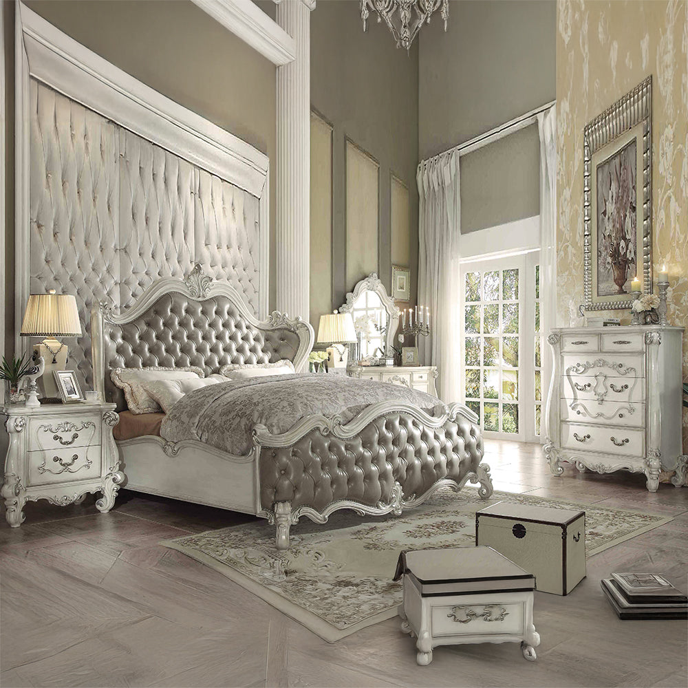 Arjun Versailles California King Brown Wood Bed – Traditional Carved Upholstered Headboard