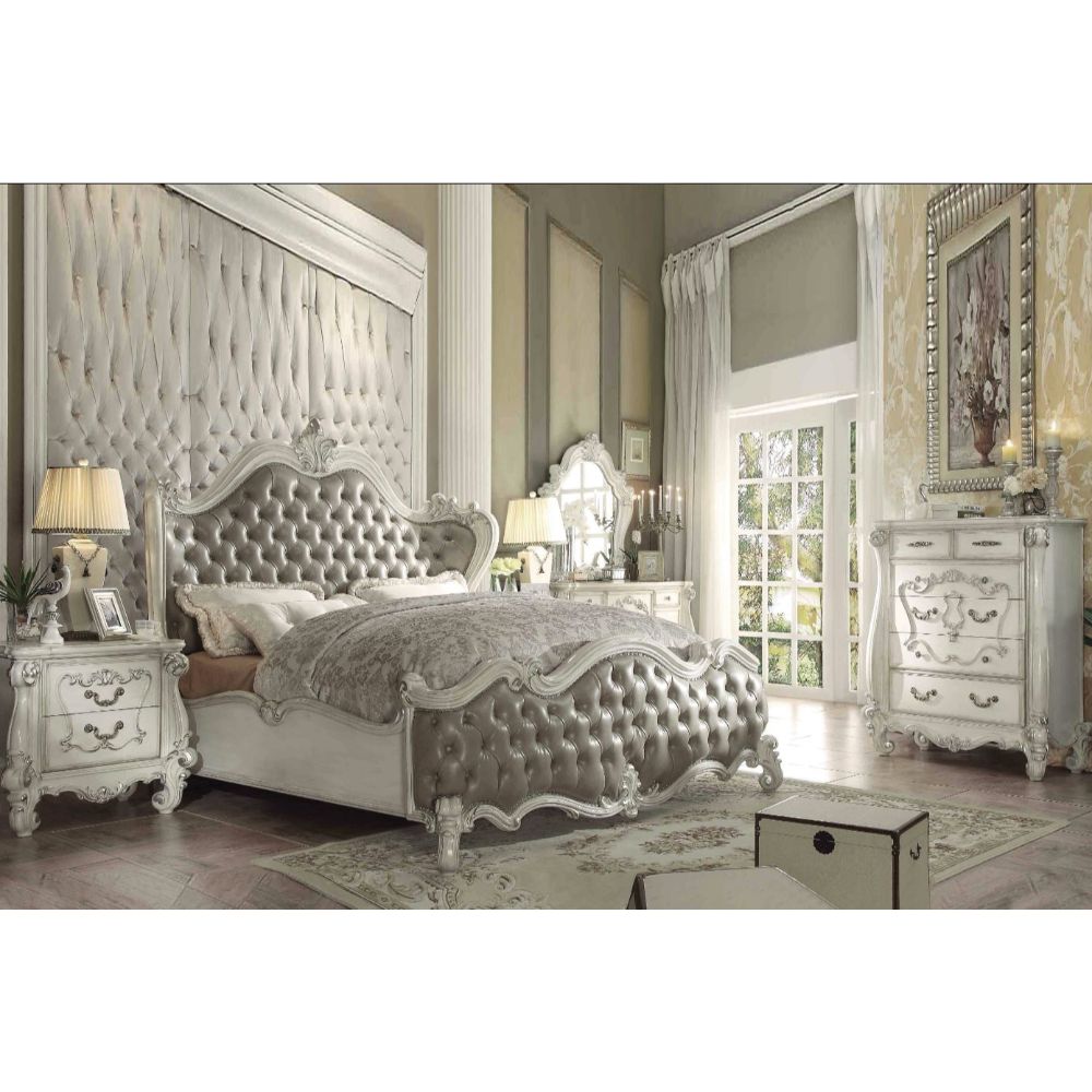 Gobind Versailles Eastern King White Wood Bed – Traditional Ornate Design
