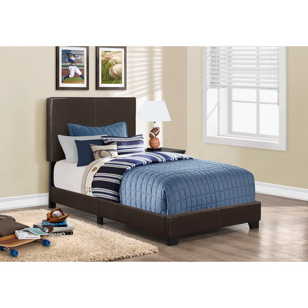 Summit Dakota Twin Brown Leather-Look Upholstered Bed – Transitional Design with Stitched Headboard