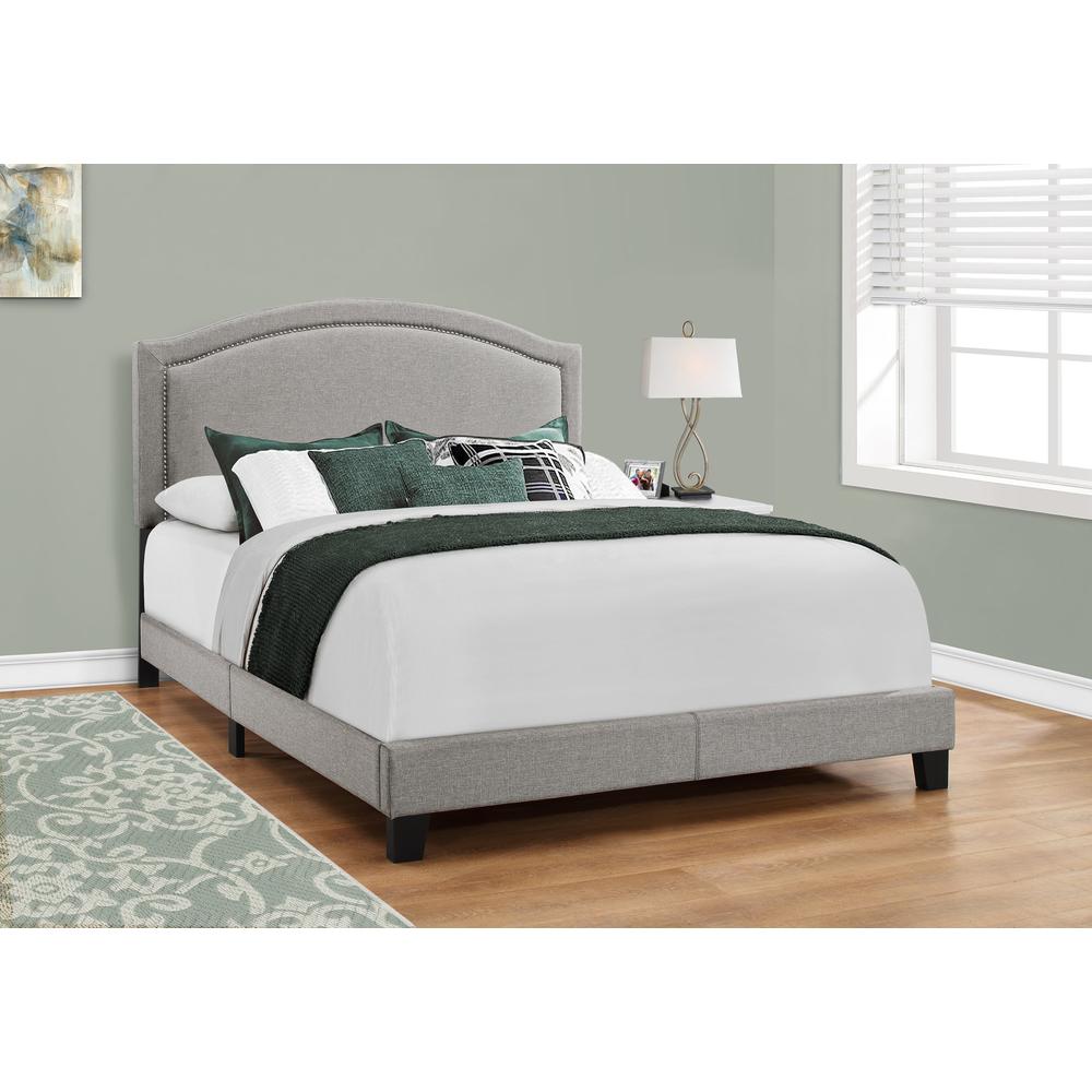Elle Skyline Queen Size Grey Linen Platform Bed – Upholstered Frame with Chrome Detailing