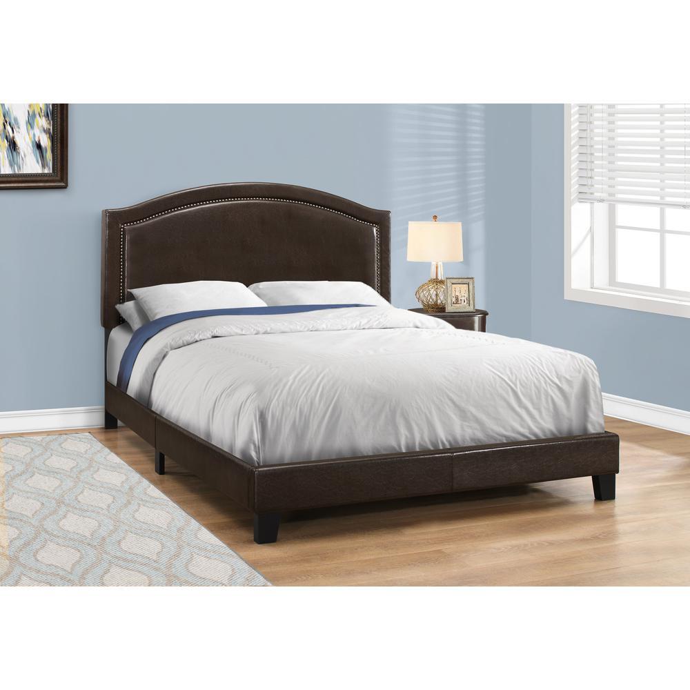 Entreat Canyon Upholstered Queen Bed in Brown Leather Look – Transitional Design with Modern Panel Detailing