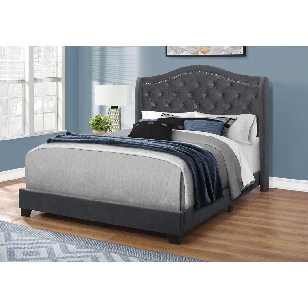 Emery Traditional 29 Queen Bed Grey Velvet Upholstery – Tufted Design with Chrome Trim
