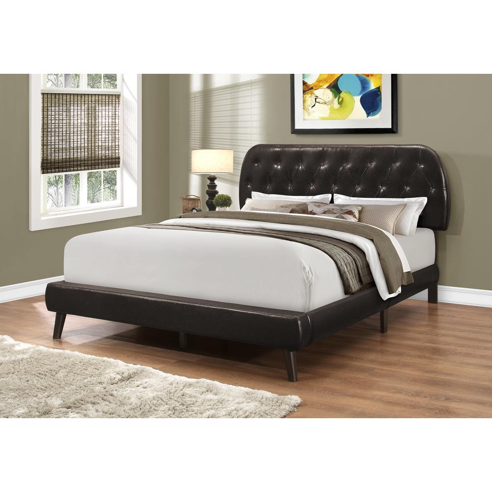 Timber Bed, Queen Size, Bedroom, Upholstered, Brown Leather Look, Wood Legs