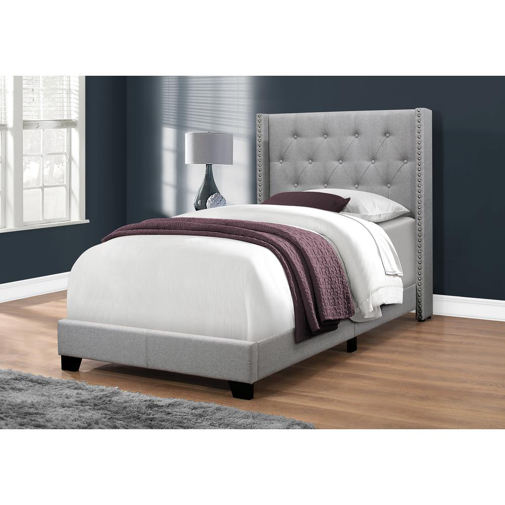Brayden Teen Twin Size Grey Velvet Bed Frame – Upholstered Design with Chrome Accents
