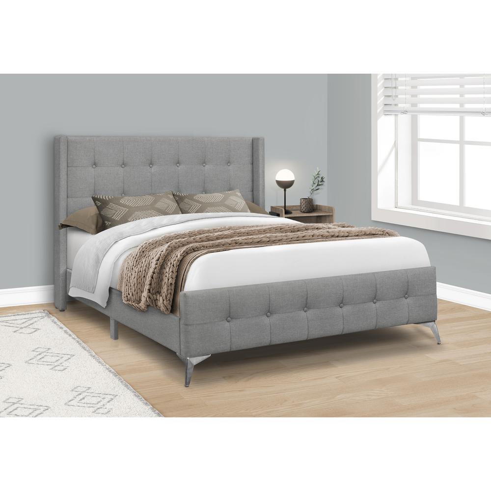 Charleston ChromeEdge Queen Bed Grey Fabric Upholstery – Contemporary Look with Chrome Legs