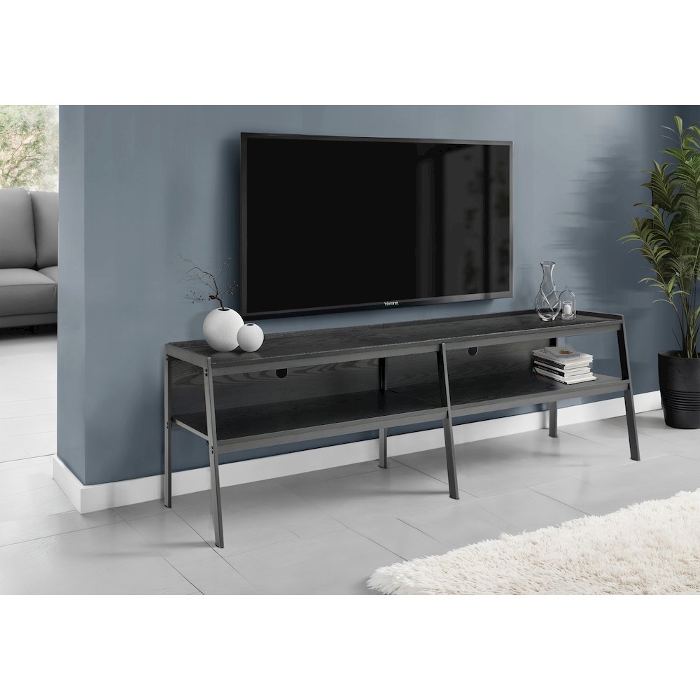 Tv Stand, 72 Inch, Console, Media Entertainment Center, Living Room, Bedroom, Black Wood Laminate, Black Metal, Contemporary, Modern