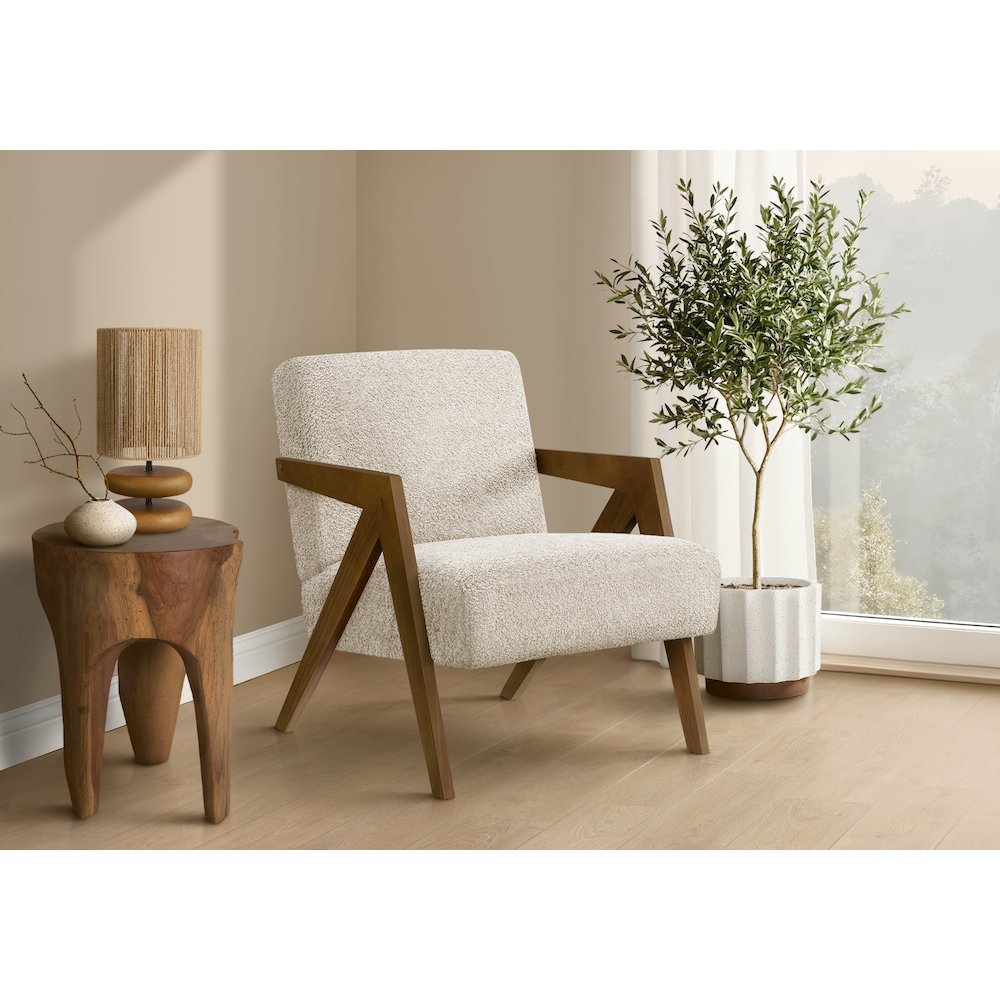 Accent Chair, 30"H, Upholstered, Living Room, Bedroom, Cream Fabric, Brown Walnut Solid Wood, Modern, Mid Century