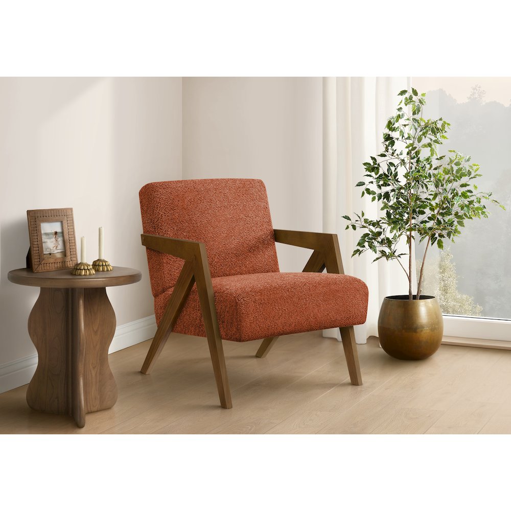 Accent Chair, 30"H, Upholstered, Living Room, Bedroom, Red Fabric, Brown Walnut Solid Wood, Modern, Mid Century