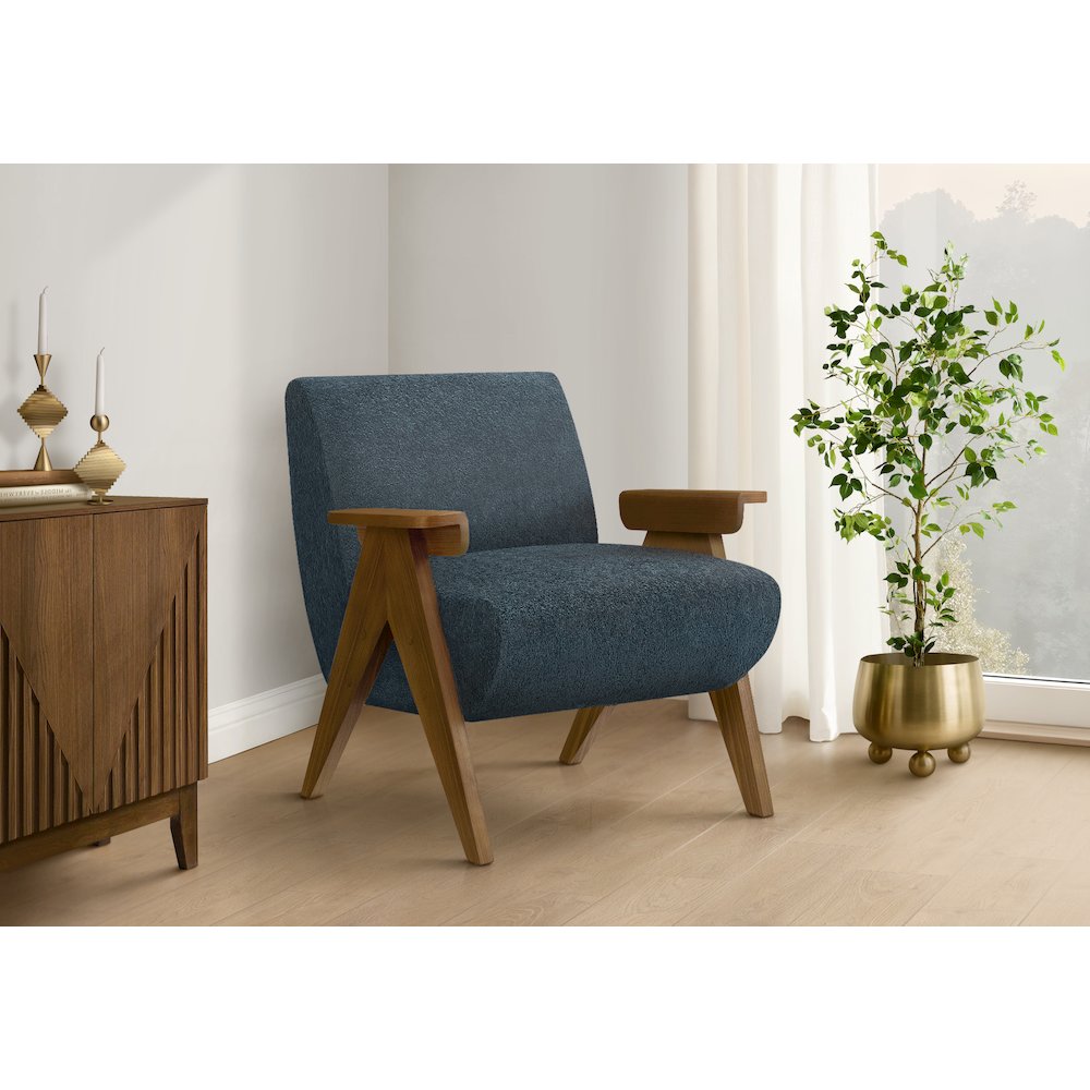 Accent Chair, 31"H, 26.5"W x 30"D, Upholstered, Living Room, Bedroom, Blue Fabric, Brown Walnut Solid Wood, Modern, Mid Century