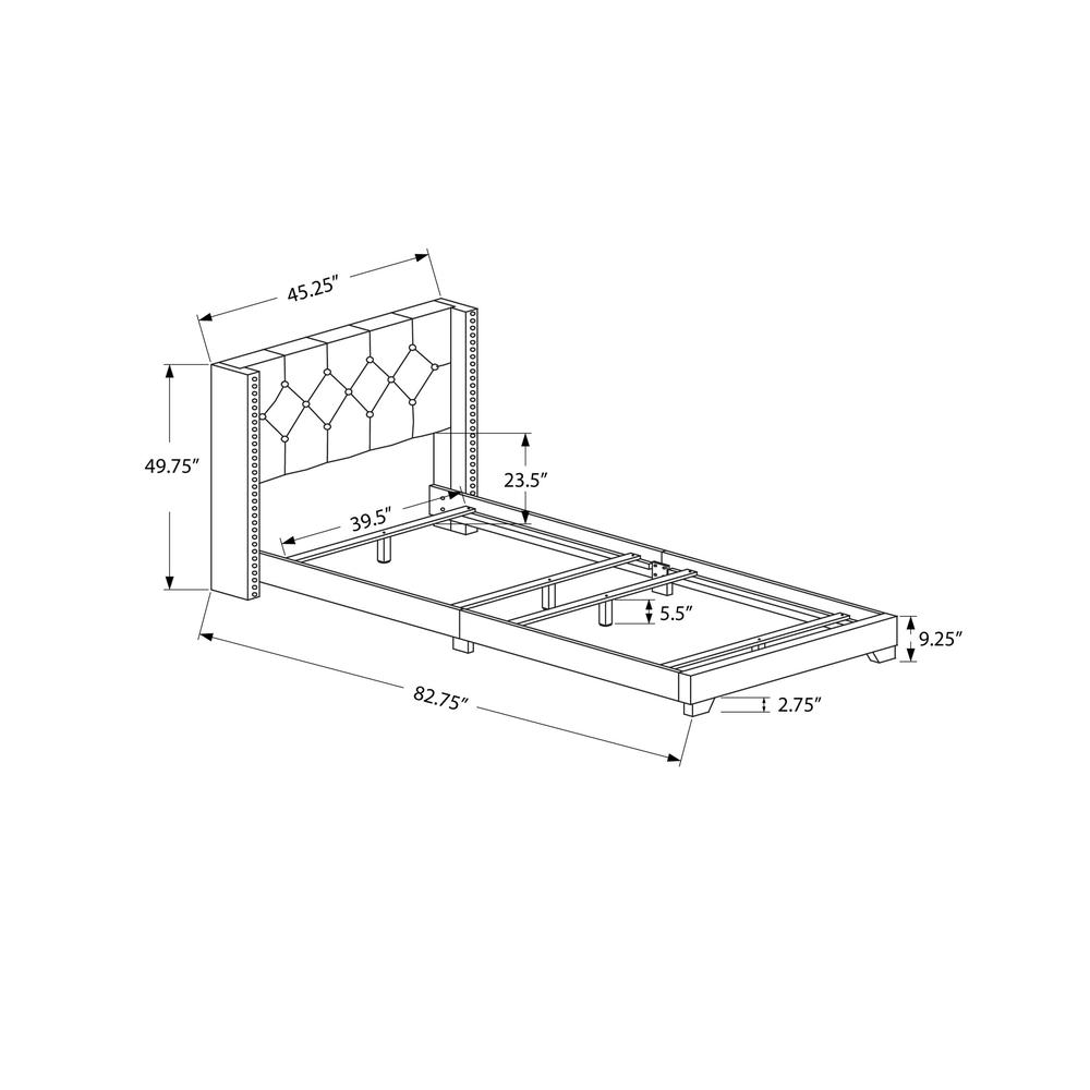 Brayden Teen Twin Size Grey Velvet Bed Frame – Upholstered Design with Chrome Accents