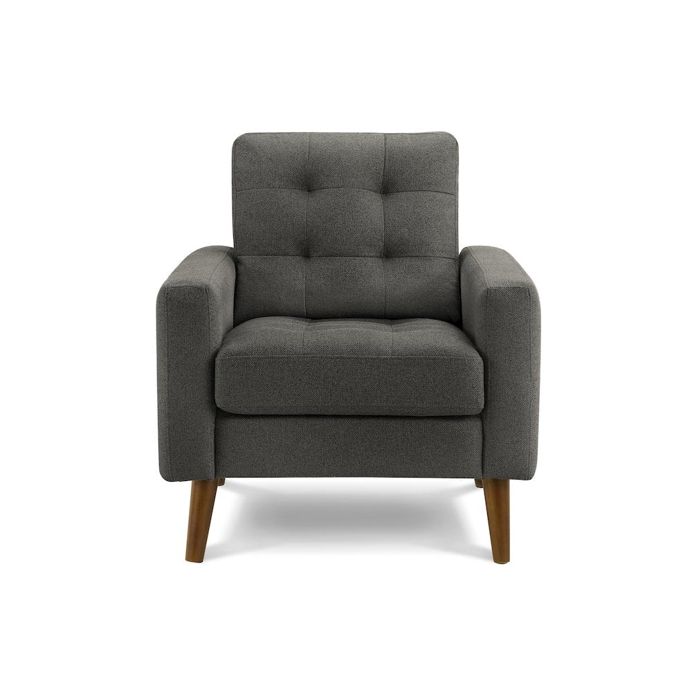 Chair, 31"" Wide, Upholstered, Accent Chair, Dark Grey Fabric, Walnut Wood Legs, Mid Century, Modern