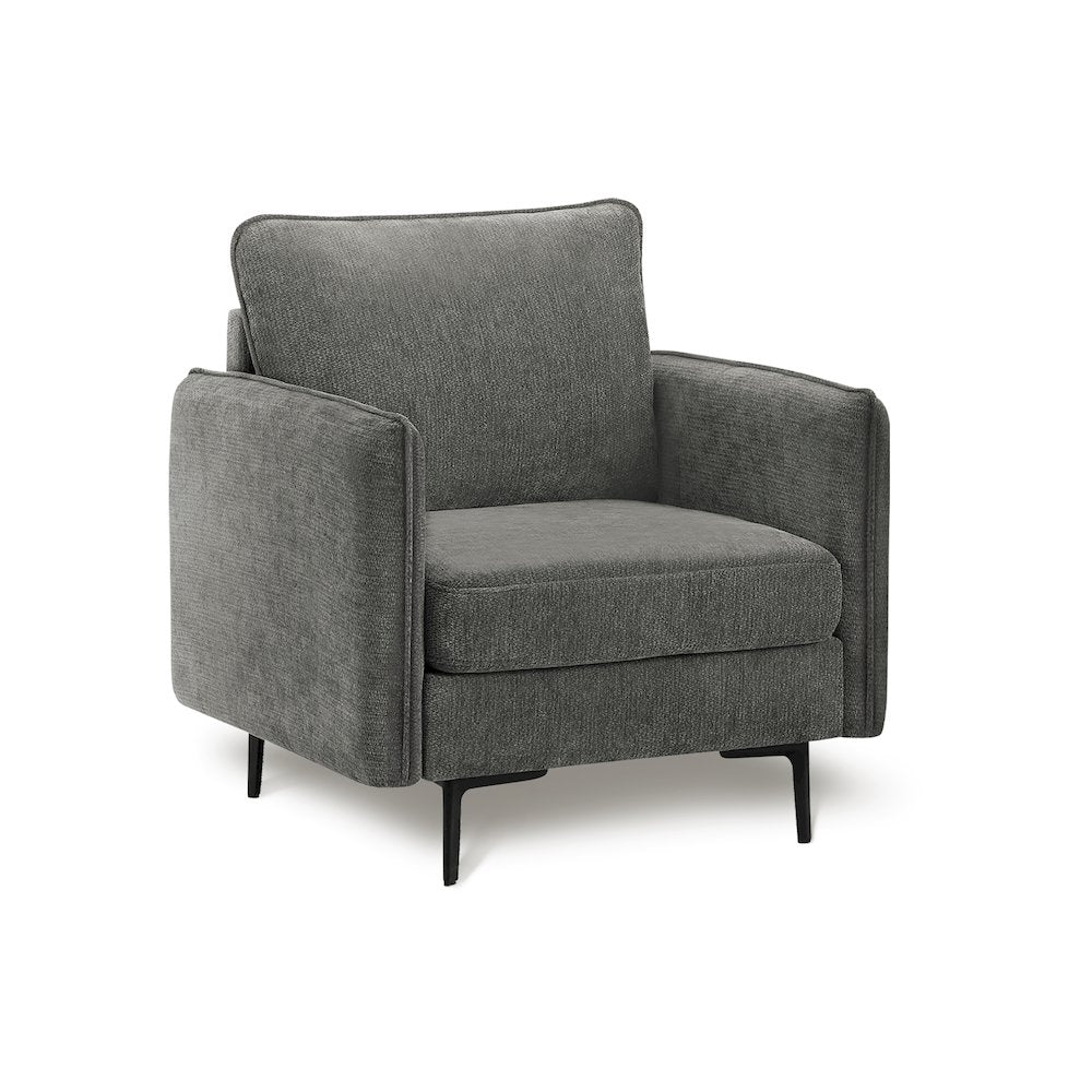 Chair, 32"" Wide, Upholstered, Accent Chair, Dark Grey Fabric, Black Metal Legs