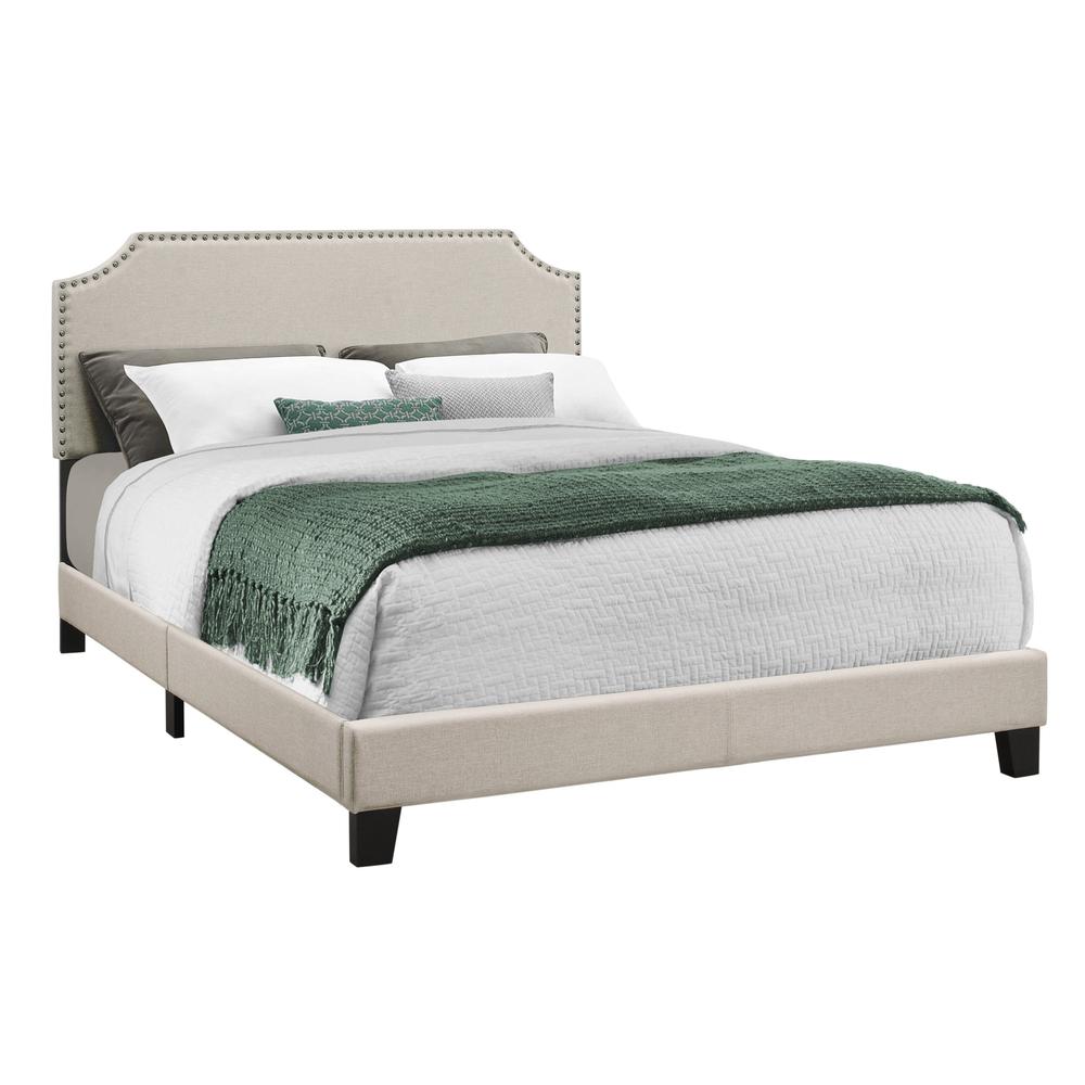 Clare Ashbury Queen Size Upholstered Bed Beige Linen – Modern Look with Black Wooden Legs