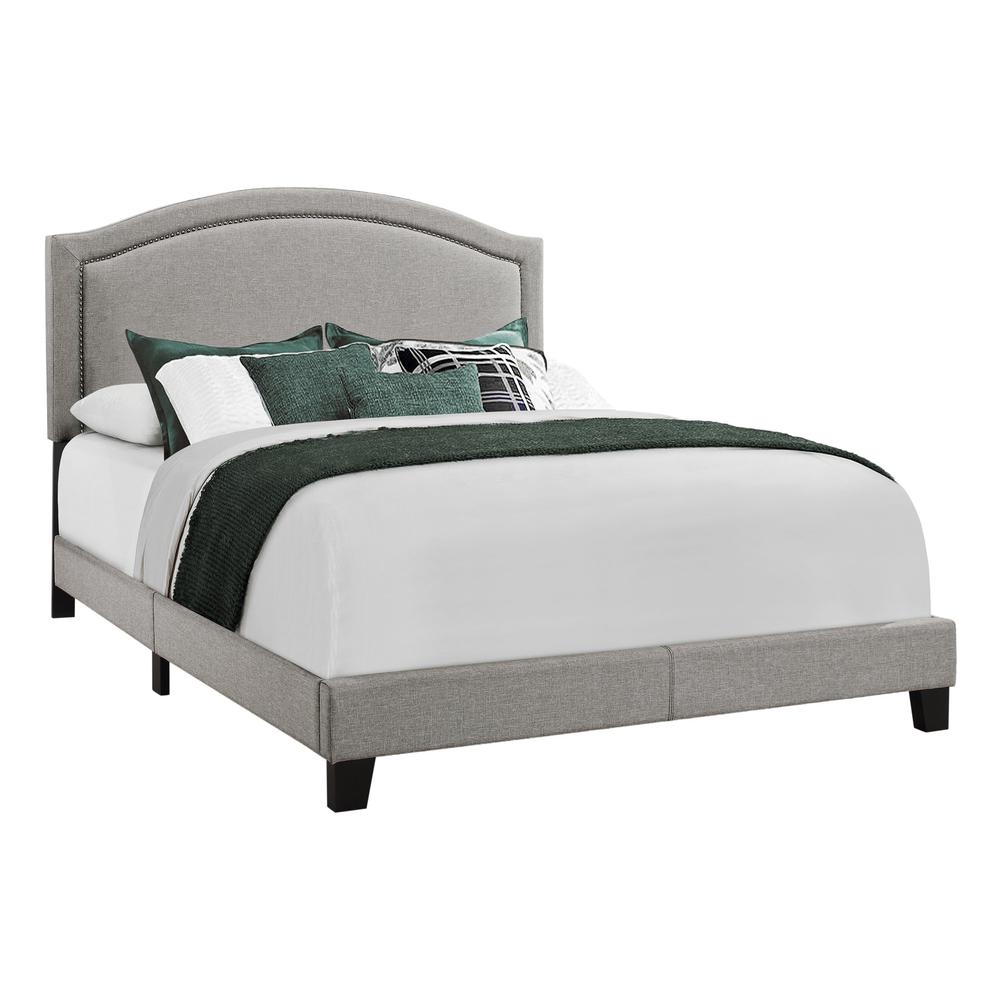 Elle Skyline Queen Size Grey Linen Platform Bed – Upholstered Frame with Chrome Detailing