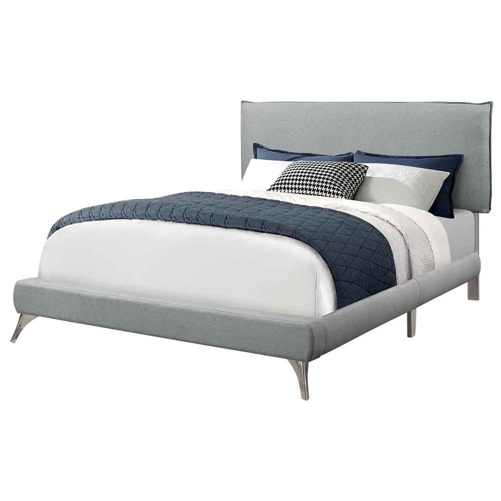 Stalwart ModernEdge Queen Grey Linen Upholstered Bed – Chrome Legs & Padded Headboard