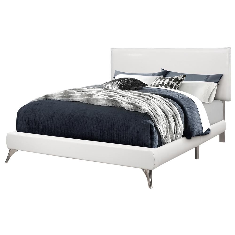 Sterling Aurora Queen Upholstered Bed in White Leather Look – Chrome Accent Modern Style
