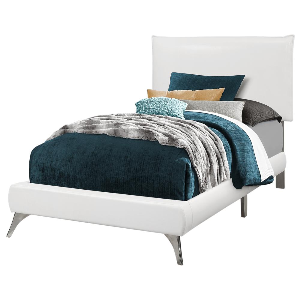 Ridge Teen Collection White Twin Faux Leather Bed – Upholstered Modern Frame with Chrome Detailing