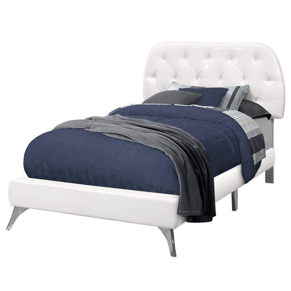 Mocha Urban Luxe Twin Upholstered Bed in White – Transitional Style with Chrome & Wood Accents