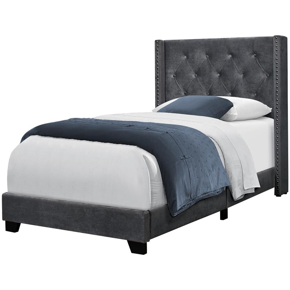 Dakota Teen Collection Twin Size Bed in Grey Velvet – Chrome Trim, Upholstered Transitional Design