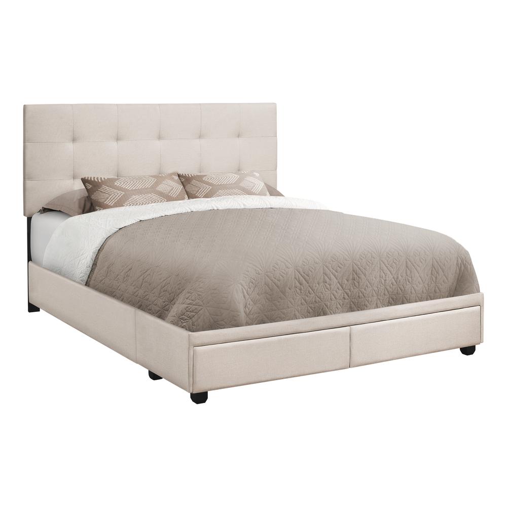 Monarch Halden Queen Upholstered Bed in Beige Linen – Contemporary Frame with Black Wood Legs
