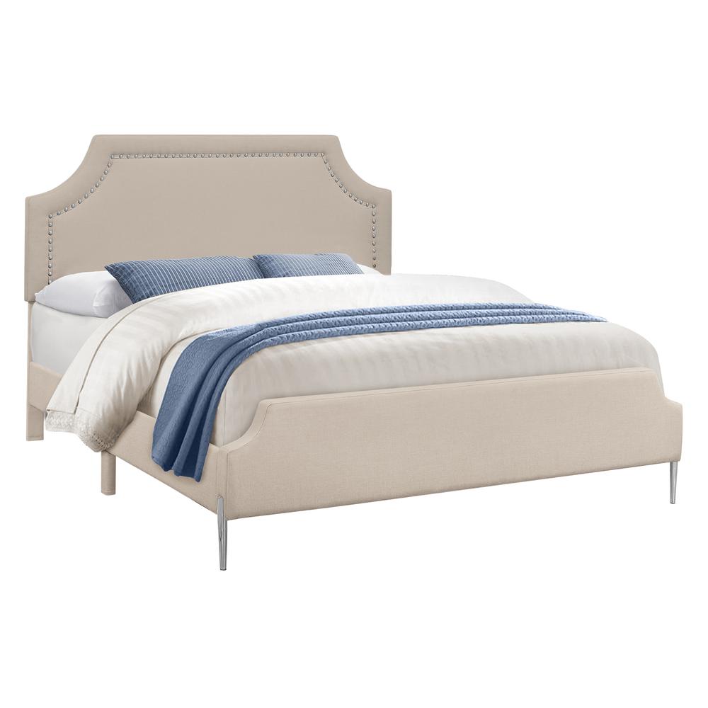 Prairie ChromeLux Queen Beige Linen Upholstered Bed – Modern Style with Chrome Accents