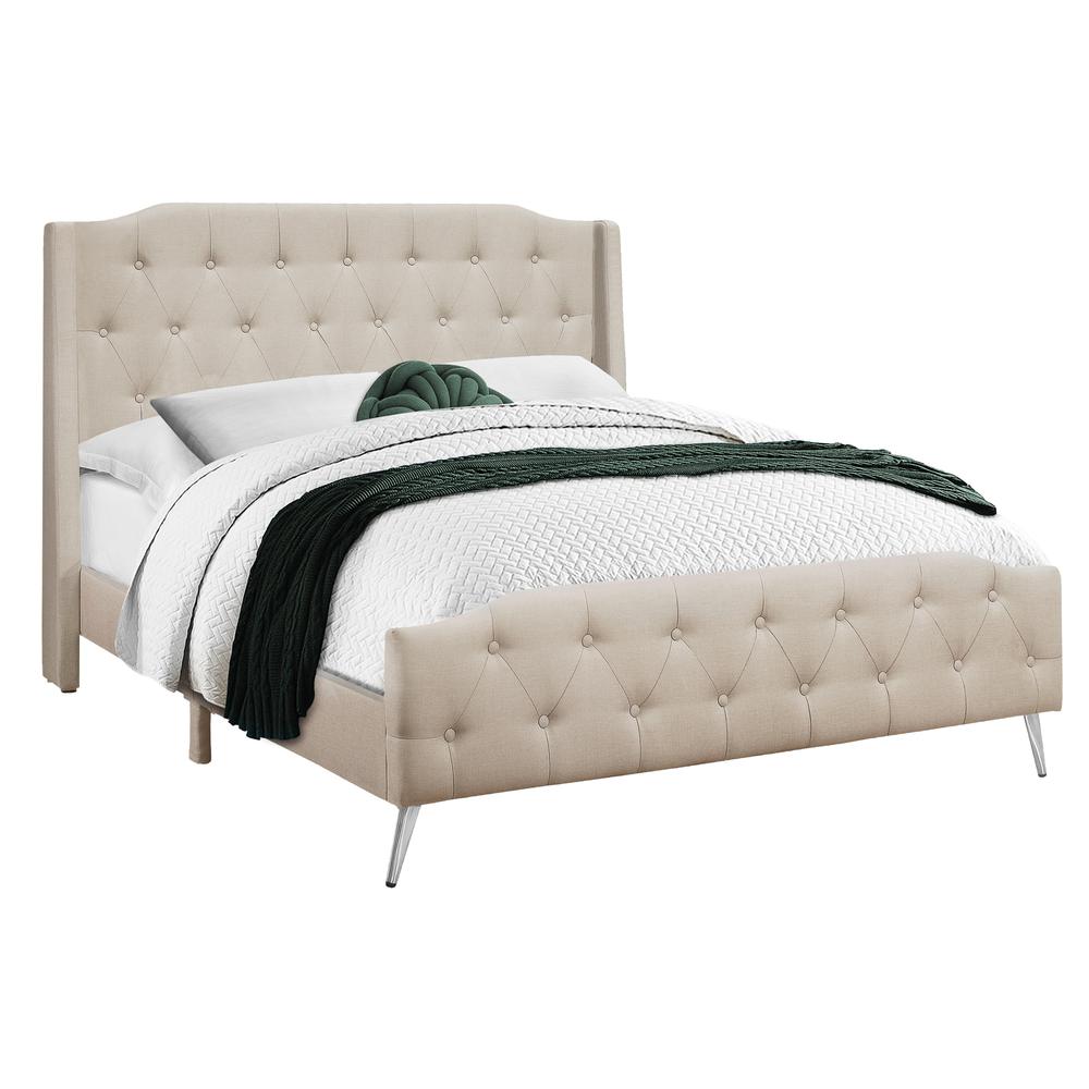 Melbourne Aspen Collection Queen Size Upholstered Bed Beige Linen – Sleek Chrome Finish