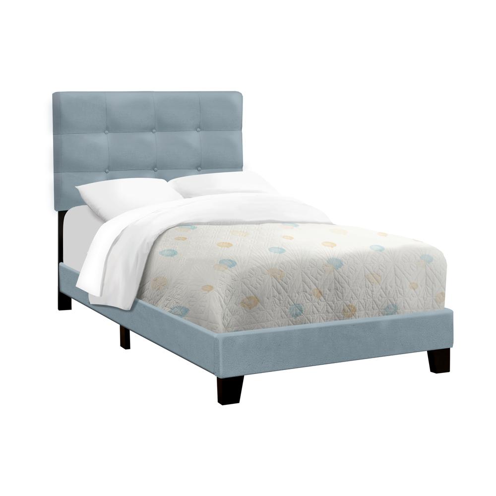 Ariana Skyline Twin Light Blue Velvet Upholstered Bed Frame – Transitional Style with Plush Headboard